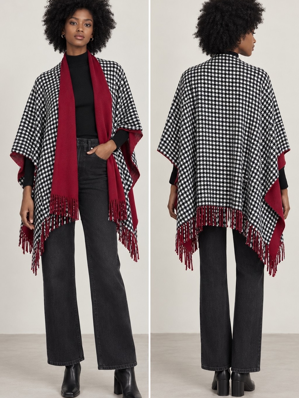 Reversible Houndstooth Burgundy Fringe Poncho Cape Wrap One Size